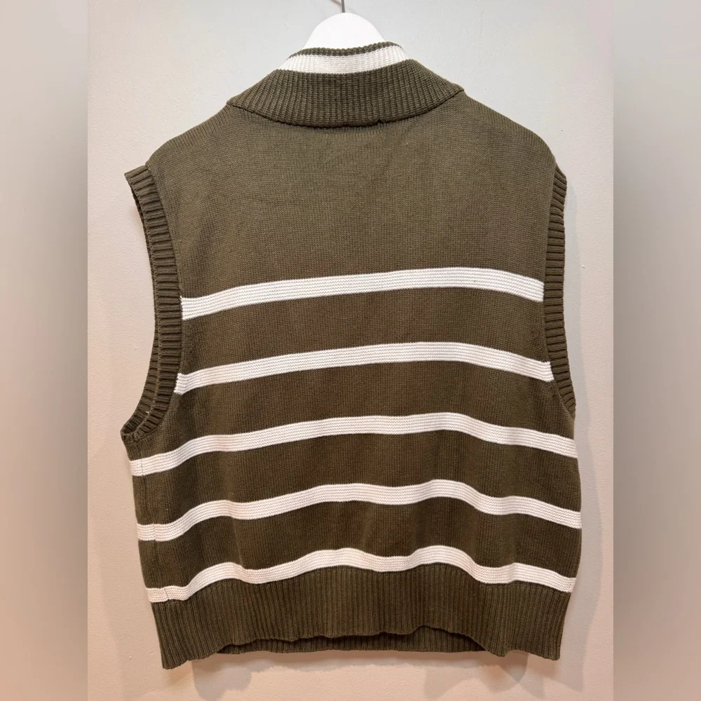 Talbots Olive Striped Sweater Vest XL Zip Mock Neck Knit Preppy Layering Top - Picture 4 of 5